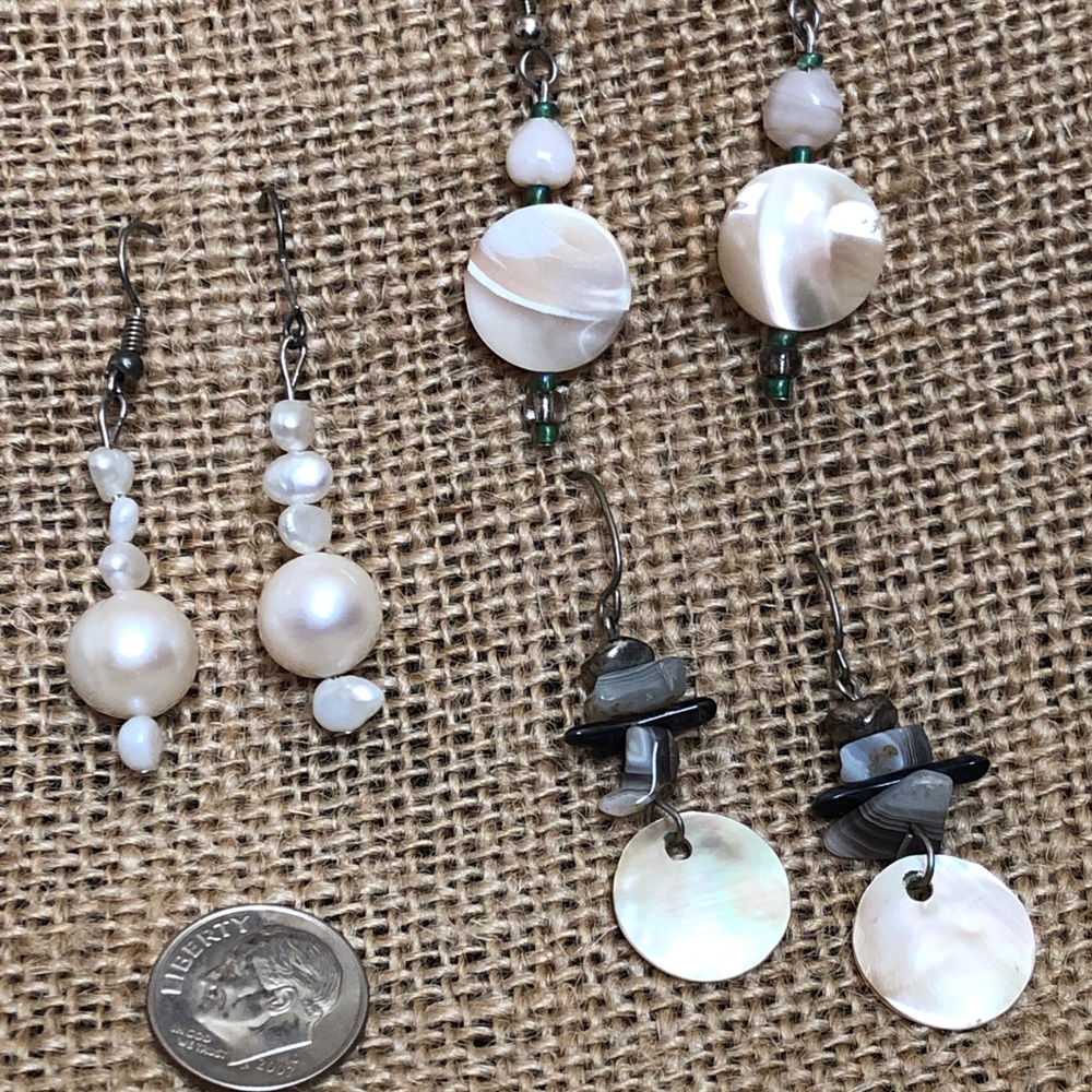 Three pairs of drop earrings - shell, pearl, multi